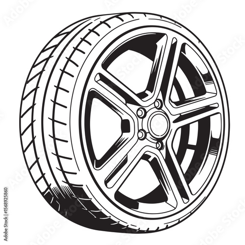 Detailed black and white illustration of a car wheel tire and alloy rim design