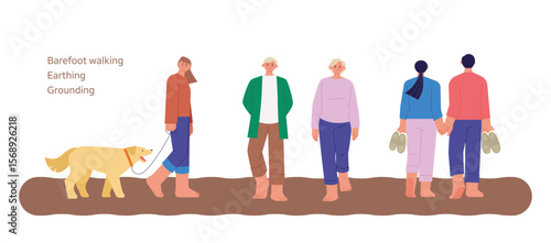 An illustration showing various people walking barefoot on the ground, emphasizing the concepts of earthing and grounding for health and wellness.