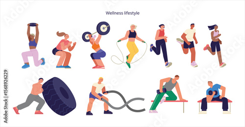 An illustration depicting various people engaging in diverse physical activities and exercises, symbolizing a healthy and active wellness lifestyle.