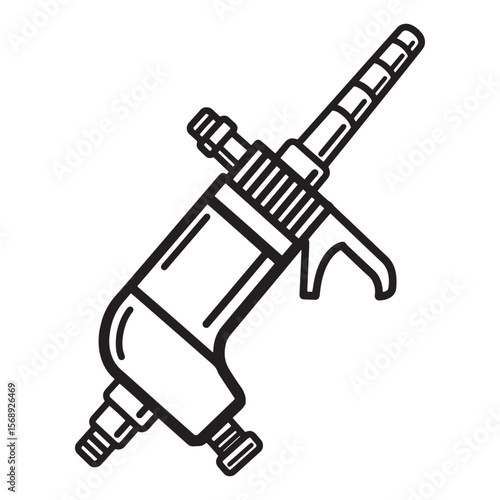 Detailed black and white illustration of a professional construction foam dispensing gun