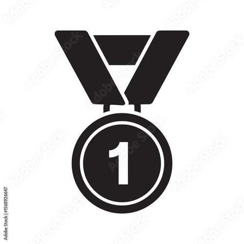 First place medal solid glyph icon symbolizing a champion winner and top achievement award for the best performance in a sports competition vector
