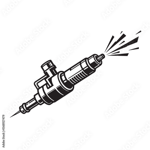 Illustrated black and white fuel injector icon with spreading spray against white background
