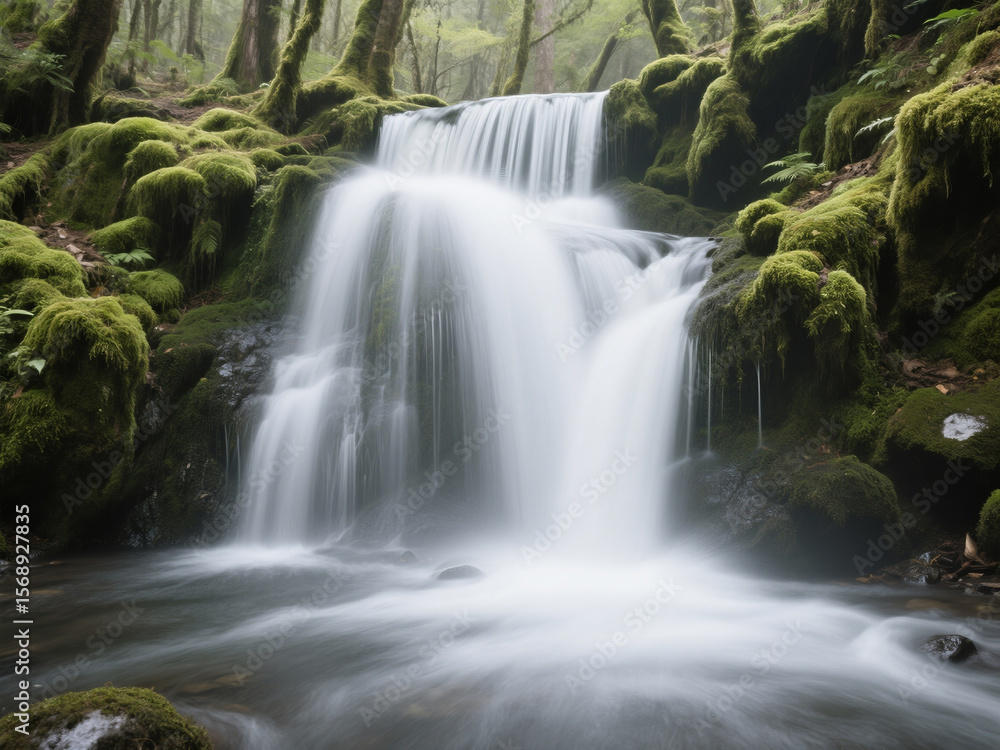 Obraz premium A serene long exposure image of a waterfall gracefully cascading over moss-covered rocks within a lush green forest. The silky water texture and soft light create a calming