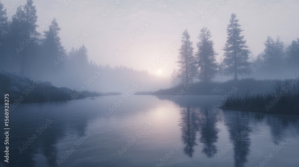 Fototapeta premium Misty lake scene at dawn