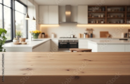 Walnut wood table with beige kitchen background, soft light interior scene for premium kitchen design mockup