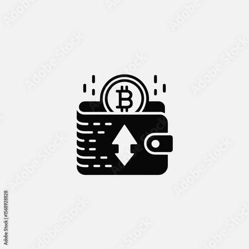 Black and white vector icon depicting a minimalist wallet with a bitcoin coin entering it and upward and downward arrows indicating cryptocurrency transaction or exchange
