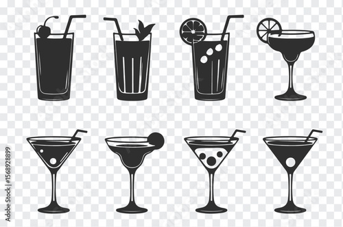Collection of eight stylized black silhouette cocktail glasses with various garnishes and straws on a transparent background