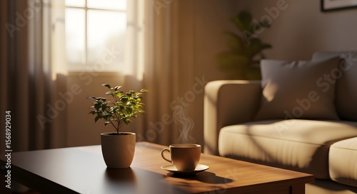 A warm interior scene features a wooden table with a coffee cup emitting steam and a potted plant near a window with natural light streaming through curtains. A sofa provides a backdrop.