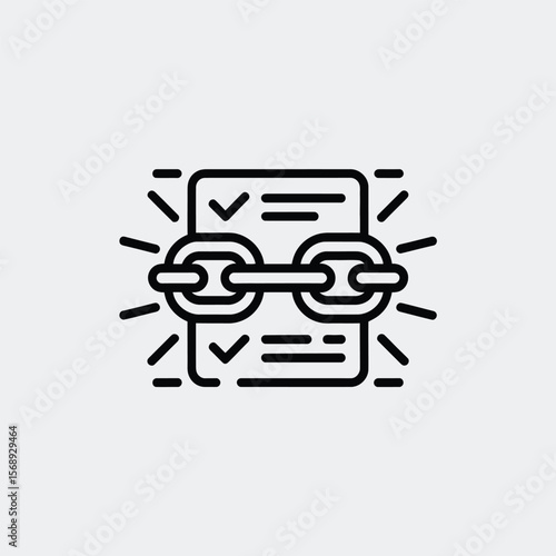 Black and white vector icon illustration depicting a chain linking a checklist document signifying secure data connection or document security strong link reliable connection verified