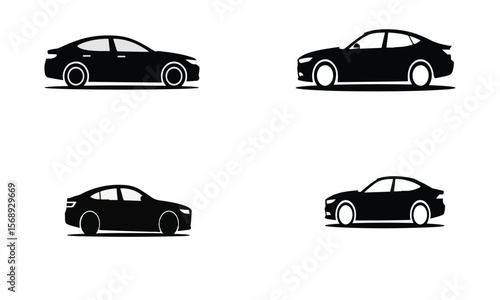 Collection of four black car silhouettes arranged on a white background in a graphic design layout