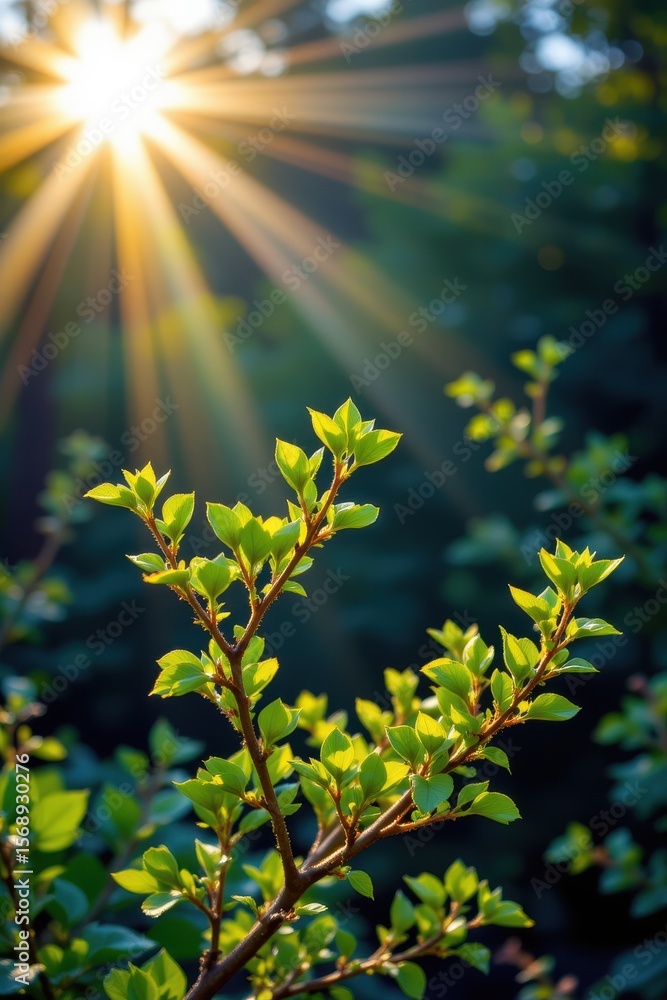 Fototapeta premium Sunlight Shining Through Green Leaves on Branch in Nature Setting During Daytime
