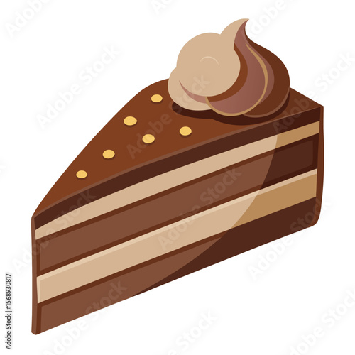 A rich slice of chocolate cake with a delicate frosting design, a symbol of dessert, sweet food, and a delicious treat.