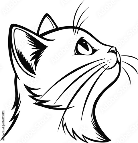 Elegant black and white stylized cat head looking upwards silhouette