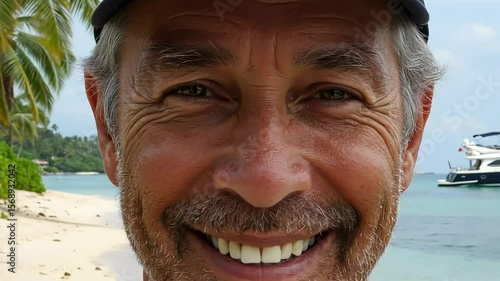 Smiling elderly man with gray beard smiling warmly on a tropical beach, turquoise ocean, yacht and palm trees in the background captured in soft sunlight. Concept of a joyful retirement in paradise