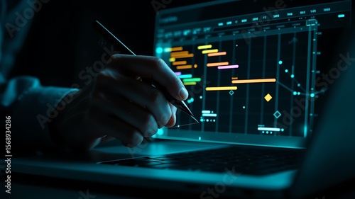 Close up of a person s hand using a stylus on a laptop displaying a colorful digital gantt chart with data visualizations in a dark futuristic setting