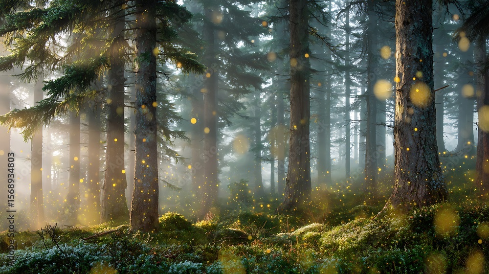 Obraz premium Enchanted pine forest at sunrise with light orbs drifting through fog