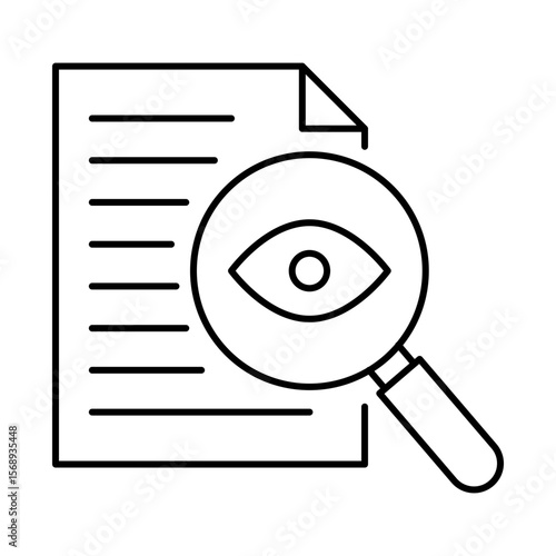 Vector icon of Transparency icon.  Magnifying Glass and Document Representing Clarity in AI Algorithms and Decision Processes. Black Outline.