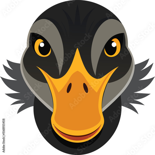 Close up front view of a cartoon duck face with bright orange beak and yellow eyes silhouette