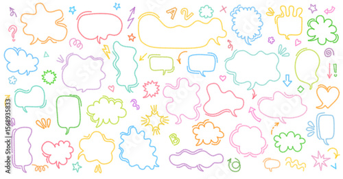 Comic hand drawn speech and thought bubbles set in pastel colors, isolated doodle shapes on white background