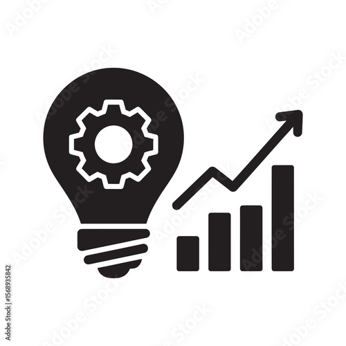 Business idea growth solid glyph icon with lightbulb gear and rising chart for innovative strategy and successful financial development
