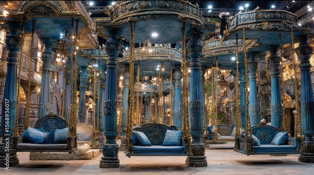 Obraz premium Ornate swings hanging from intricately carved pillars in luxurious palace setting