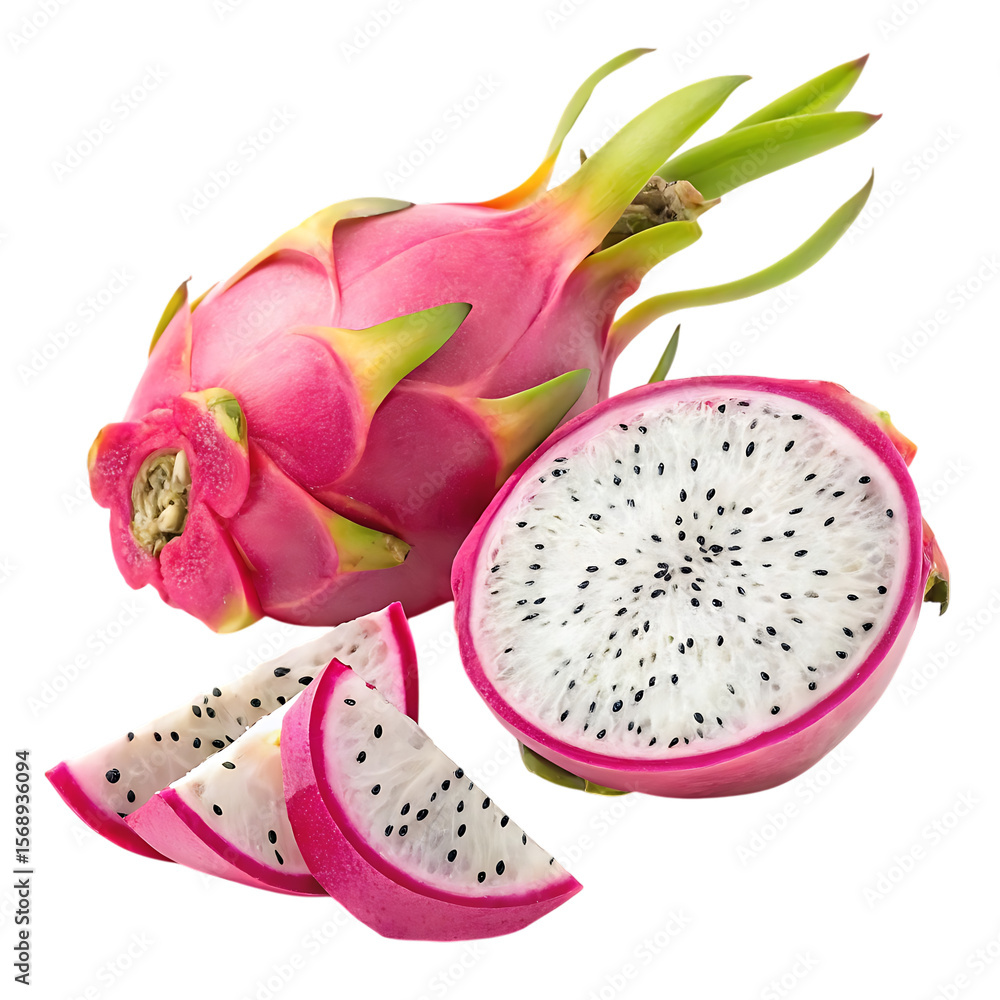 Fresh dragon fruit with slices isolated on transparent background Fresh dragon fruit with slices isolated on transparent background