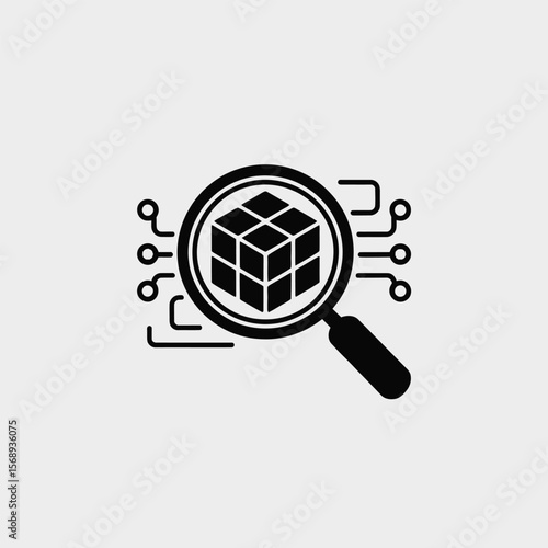 Black Magnifying Glass Icon Enlarging a Black Three Dimensional Cube with Teal Circuit Board Style Lines on a Light Gray Background