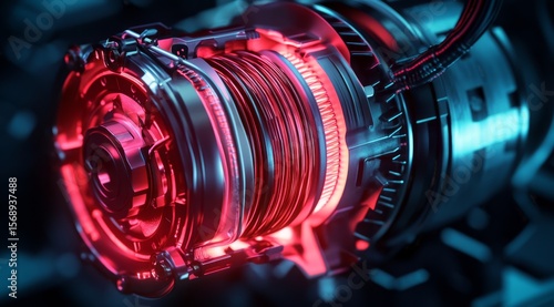 Close-up view of intricate, glowing engine components
