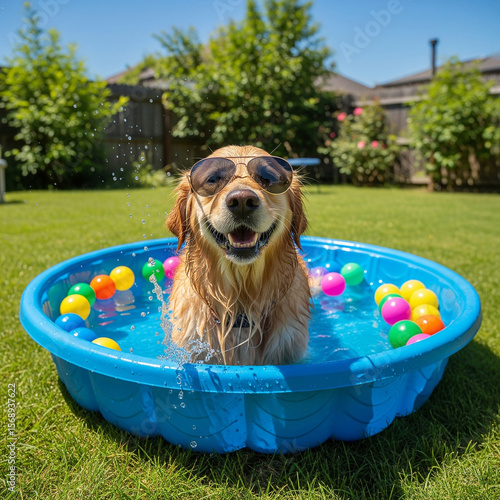 dog cools off in water with colorful balls. puppy in the pool. A little dog wearing sunglasses enjoys kiddie pool, backyard fun on a summer day. 