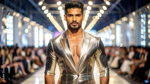 Fashion model in a shiny gold jacket on a runway with an audience