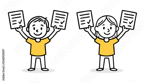 Happy Boy And Girl Child Holding Certificates. Joyful Kid in Yellow Shirt, Celebration Vector Illustration, Hand-Drawn Simple Doodle Line Art