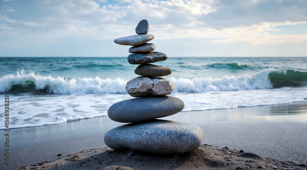 Fototapeta premium A balanced stack of smooth stones on a sandy beach with gentle waves rolling in. A symbol of peace, harmony, and coastal zen