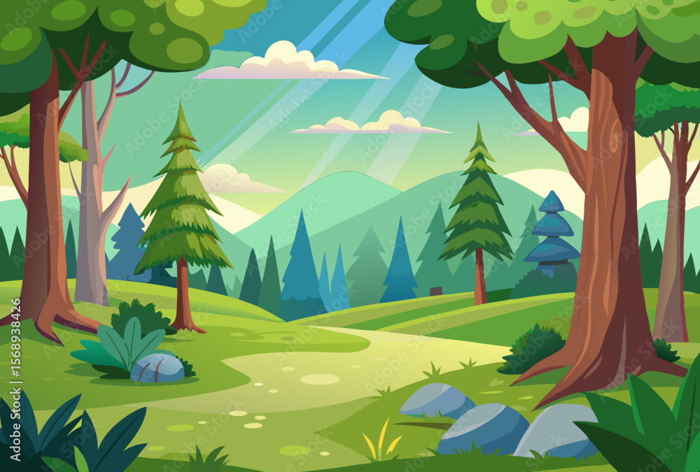 Fototapeta premium Tranquil Forest Landscape. Serene Path Through Lush Greenery and Majestic Mountains