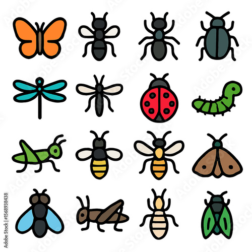 A vibrant collection of stylized insect icons, featuring butterflies, bees, ants, beetles, and more, presented on a clean white background.