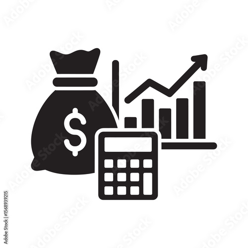 Financial growth analysis solid glyph icon with calculator and money bag for investment planning and budget calculation for business profit