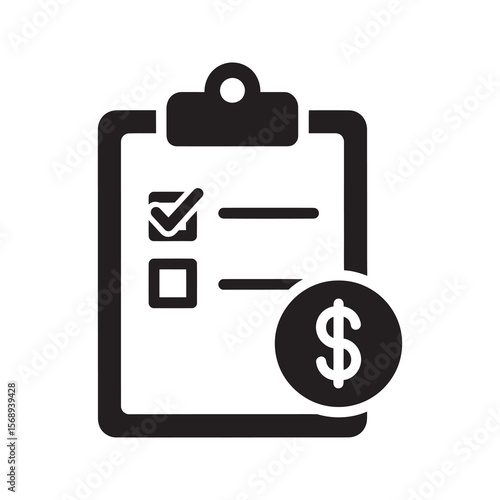 Financial checklist solid glyph icon on a clipboard with a dollar symbol for budget management and expense tracking for business