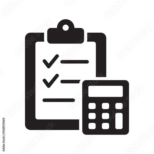 Accounting checklist solid glyph icon on a clipboard with a calculator for financial audit and budget planning and tax preparation