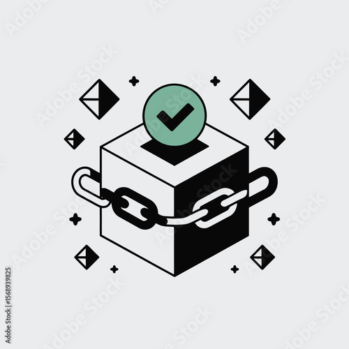 Isometric Illustration of a Black and White Cube Secured by a Chain Link with a Green Checkmark Icon on Top Surrounded by Small Geometric Shapes on a Light Gray Background