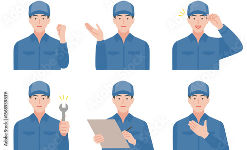 青い作業着の男性の上半身