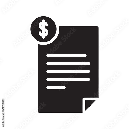 Financial document solid glyph icon representing a business paper with a money symbol for a bill invoice or payment report