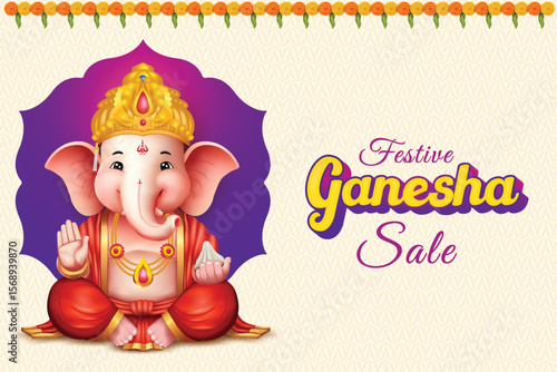Lord Ganesha Sitting Purple And Ivory Color Background With Flower Border. Ganesha Chaturthi Festival Sale Celebration For Greeting Card, Invitation, E-commerce Banners.
