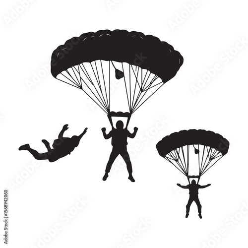 Three Black Silhouettes of Skydivers Parachuting One Skydiver is Falling Another is Under a Large Parachute and a Third is Under a Smaller Parachute