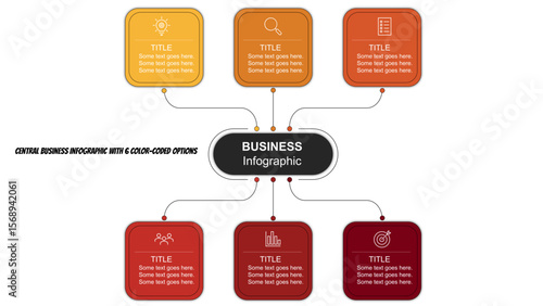 Central Business Infographic with 6 Color-Coded Options. Fully editable modern infographic vector elements SVG file compatible with PowerPoint, Illustrator, and most vector-based applications.