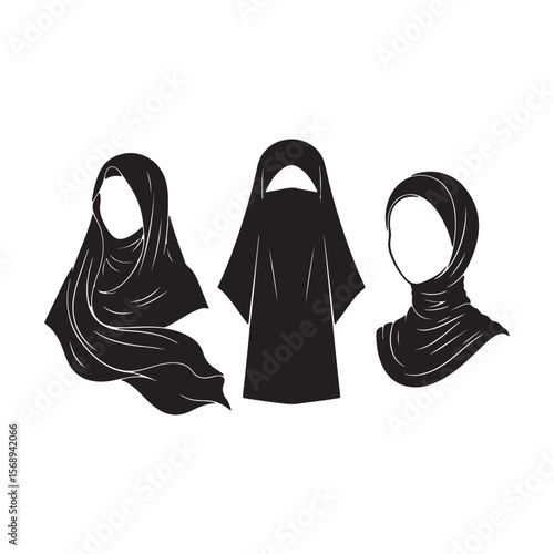 Three Black Silhouettes of Muslim Women Wearing Different Styles of Hijabs Shayla Niqab and Khimar Headscarves Islamic Fashion Illustration