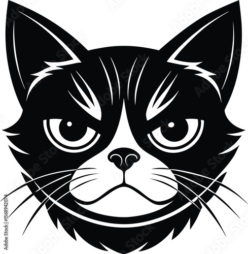 tense black feline face with sharp white accents and fierce expression silhouette