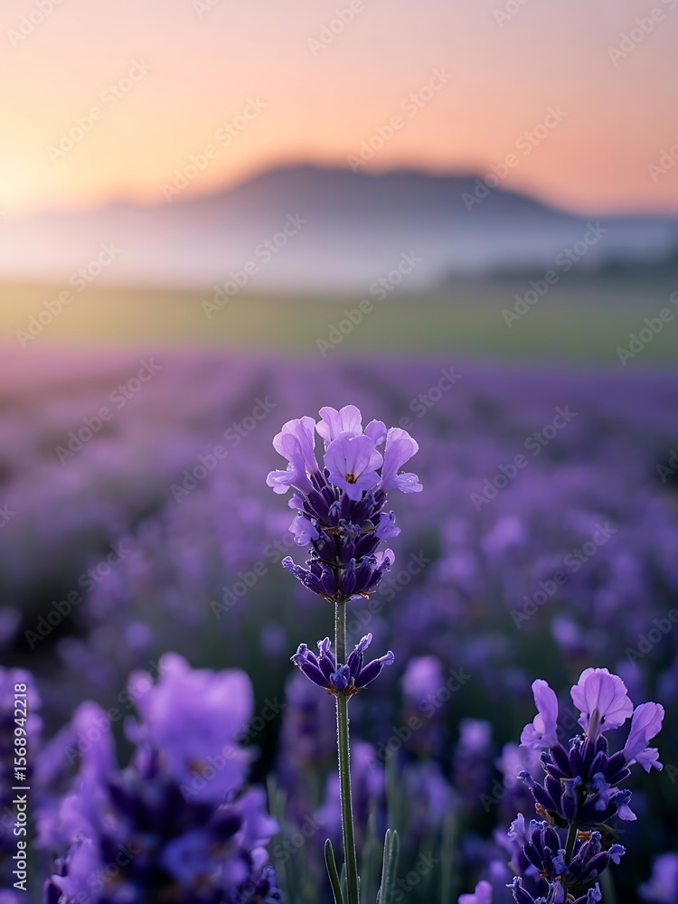 Fototapeta premium Lavender Fields at Sunrise with Mountains