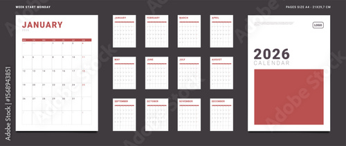 2026 Calendar Planner Set of Template Monthly Page with Note and cover with Place for Photo, Company Logo. Vector grid layout of wall or desk organizer with week start Monday for print. Pages size A4