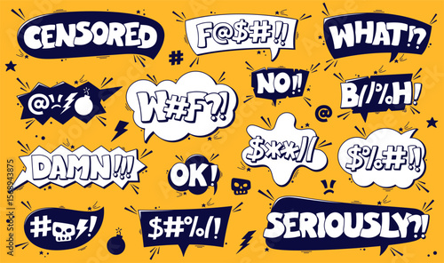 Set of black and white swear speech bubbles on a bright yellow background with dark details around.