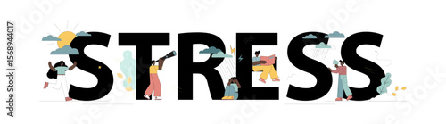Stress concept. The word stress. Excessive emotional stress. Stress levels are reduced by the concept of problem solving and the pressure of tiny people.eps