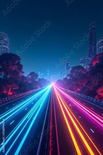 Nighttime city traffic blurs on urban highways, a dynamic display of car lights across the downtown skyline